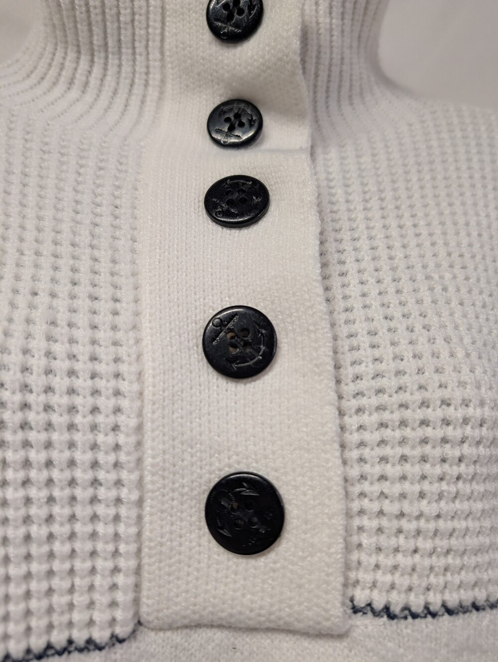 Commense Cream Stripe Mock Neck Button Pullover Sweater Nautical Knit Large L - Picture 7 of 9